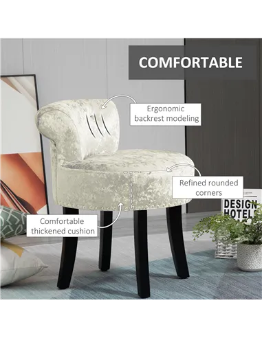 HOMCOM Dressing Table Stool with Rubber Wood Legs, Ice Velvet Vanity Stool for Living Room Bedroom, Beige