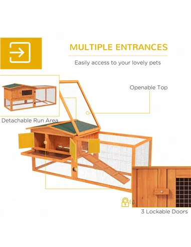 PawHut Rabbit Hutch with Run Wooden Guinea Pig Hutch Outdoor Bunny Cage Hide House with Sliding Tray, Hay Rack, Ramp, 156 x 58 x