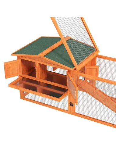 PawHut Rabbit Hutch with Run Wooden Guinea Pig Hutch Outdoor Bunny Cage Hide House with Sliding Tray, Hay Rack, Ramp, 156 x 58 x