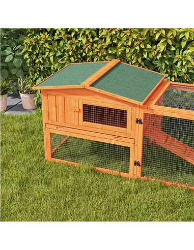 PawHut Rabbit Hutch with Run Wooden Guinea Pig Hutch Outdoor Bunny Cage Hide House with Sliding Tray, Hay Rack, Ramp, 156 x 58 x