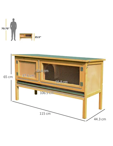 PawHut Rabbit Hutch Outdoor Guinea Pig Hutch House Small Animal Bunny Cage w/ Openable Roof, 115 x 44 x 65 cm