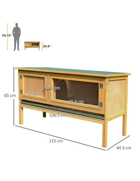 PawHut Rabbit Hutch Outdoor Guinea Pig Hutch House Small Animal Bunny Cage w/ Openable Roof, 115 x 44 x 65 cm