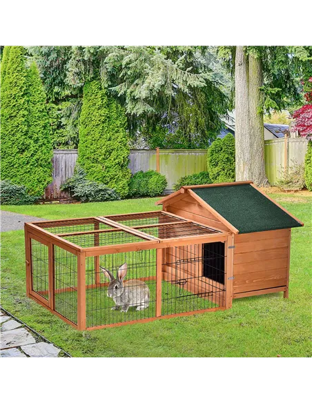 PawHut Wooden Rabbit Hutch Outdoor, Guinea Pig Hutch, Detachable Pet House Animal Cage with Openable Run & Roof Lockable Door Sl