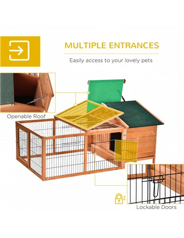 PawHut Wooden Rabbit Hutch Outdoor, Guinea Pig Hutch, Detachable Pet House Animal Cage with Openable Run & Roof Lockable Door Sl