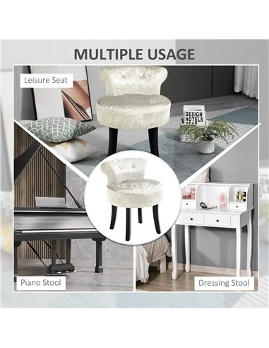 HOMCOM Dressing Table Stool with Rubber Wood Legs, Ice Velvet Vanity Stool for Living Room Bedroom, Beige