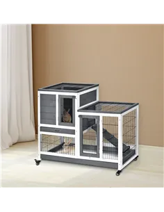 PawHut Small Animals 2-TierFir Wood Guinea Pigs Hutches Indoor Hutch Grey 2