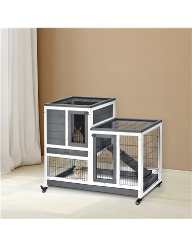 PawHut Small Animals 2-TierFir Wood Guinea Pigs Hutches Indoor Hutch Grey