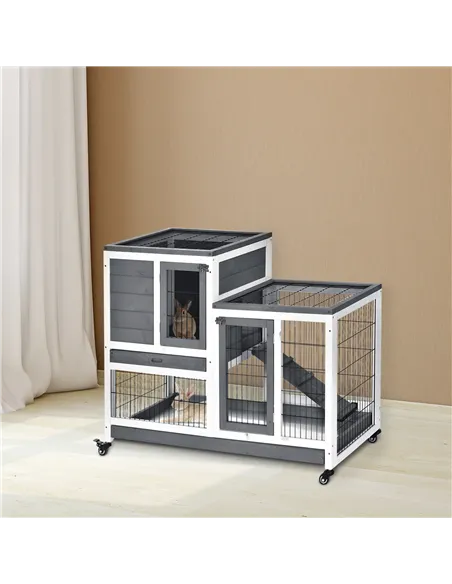 PawHut Small Animals 2-TierFir Wood Guinea Pigs Hutches Indoor Hutch Grey