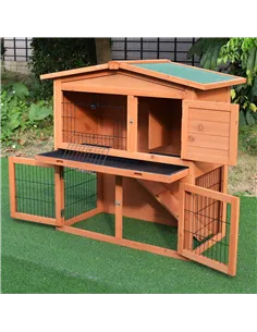 PawHut 2 Tier Rabbit Hutch Guinea Pig Hutch Ferret Cage with Ramp Slide Out Tray for Indoor Outdoor 100.5 x 55 x 101 cm 2