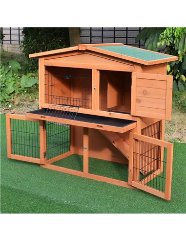 PawHut 2 Tier Rabbit Hutch Guinea Pig Hutch Ferret Cage with Ramp Slide Out Tray for Indoor Outdoor 100.5 x 55 x 101 cm