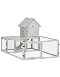 PawHut Indoor Rabbit Hutch, Guinea Pig Cage, with Slide-Out Tray, Large Fenced Area - Light Grey