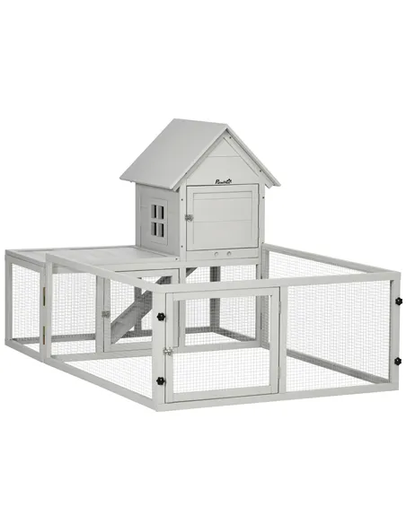 PawHut Indoor Rabbit Hutch, Guinea Pig Cage, with Slide-Out Tray, Large Fenced Area - Light Grey