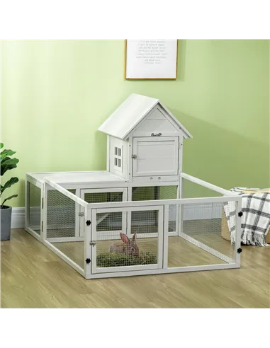 PawHut Indoor Rabbit Hutch, Guinea Pig Cage, with Slide-Out Tray, Large Fenced Area - Light Grey