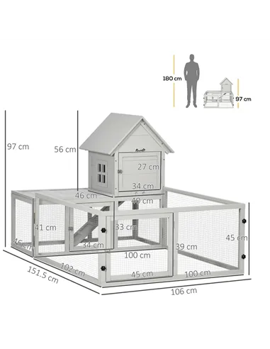 PawHut Indoor Rabbit Hutch, Guinea Pig Cage, with Slide-Out Tray, Large Fenced Area - Light Grey