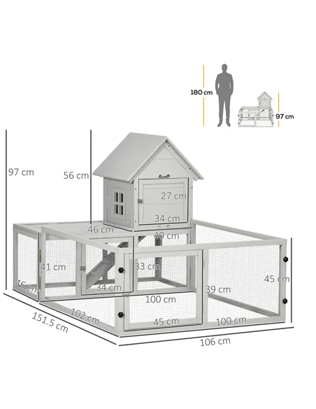 PawHut Indoor Rabbit Hutch, Guinea Pig Cage, with Slide-Out Tray, Large Fenced Area - Light Grey