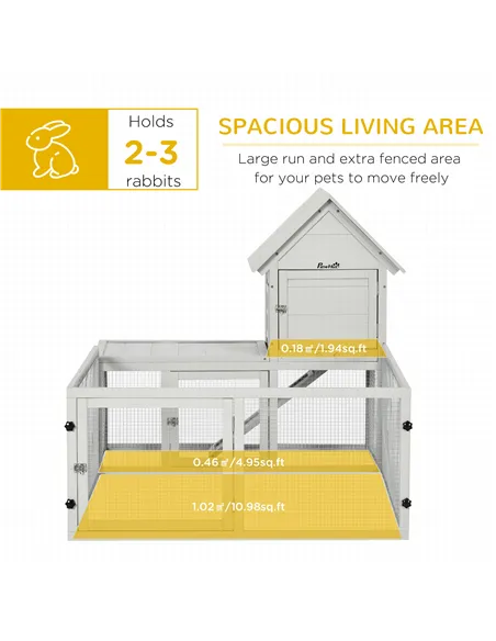 PawHut Indoor Rabbit Hutch, Guinea Pig Cage, with Slide-Out Tray, Large Fenced Area - Light Grey
