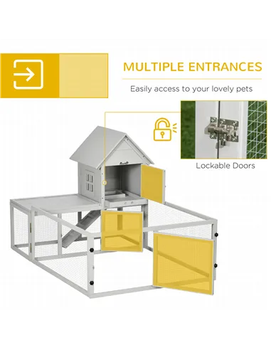 PawHut Indoor Rabbit Hutch, Guinea Pig Cage, with Slide-Out Tray, Large Fenced Area - Light Grey