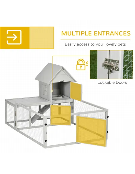 PawHut Indoor Rabbit Hutch, Guinea Pig Cage, with Slide-Out Tray, Large Fenced Area - Light Grey