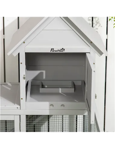 PawHut Indoor Rabbit Hutch, Guinea Pig Cage, with Slide-Out Tray, Large Fenced Area - Light Grey