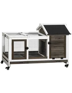 PawHut Wooden Rabbit Hutch, Guinea Pig Cage, with Removable Tray, Wheels - Brown