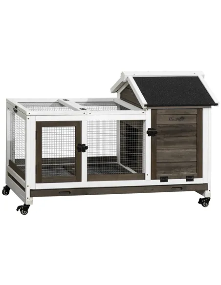 PawHut Wooden Rabbit Hutch, Guinea Pig Cage, with Removable Tray, Wheels - Brown