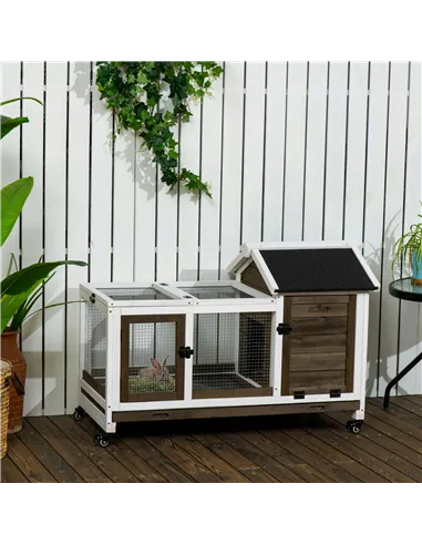 PawHut Wooden Rabbit Hutch, Guinea Pig Cage, with Removable Tray, Wheels - Brown