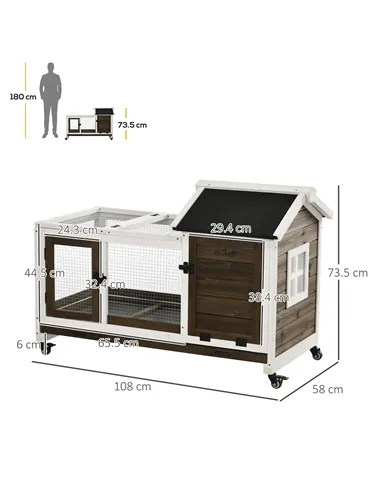 PawHut Wooden Rabbit Hutch, Guinea Pig Cage, with Removable Tray, Wheels - Brown