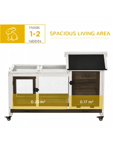 PawHut Wooden Rabbit Hutch, Guinea Pig Cage, with Removable Tray, Wheels - Brown