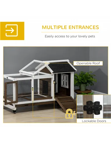 PawHut Wooden Rabbit Hutch, Guinea Pig Cage, with Removable Tray, Wheels - Brown