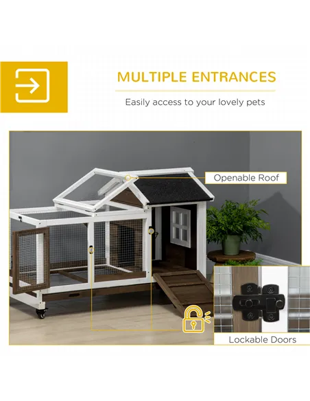 PawHut Wooden Rabbit Hutch, Guinea Pig Cage, with Removable Tray, Wheels - Brown