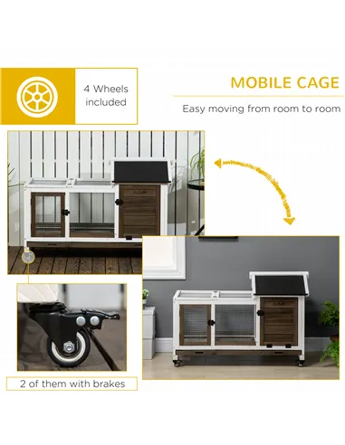 PawHut Wooden Rabbit Hutch, Guinea Pig Cage, with Removable Tray, Wheels - Brown