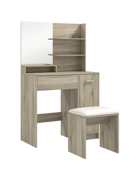 HOMCOM Dressing Table and Stool Set, with Storage - Wood-Effect