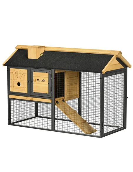PawHut Outdoor Rabbit Hutch, with Run, Removable Tray, Asphalt Roof, 120 x 55.5 x 80cm
