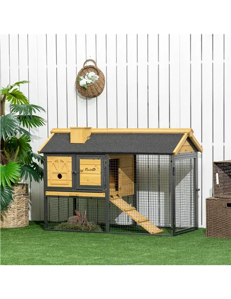 PawHut Outdoor Rabbit Hutch, with Run, Removable Tray, Asphalt Roof, 120 x 55.5 x 80cm