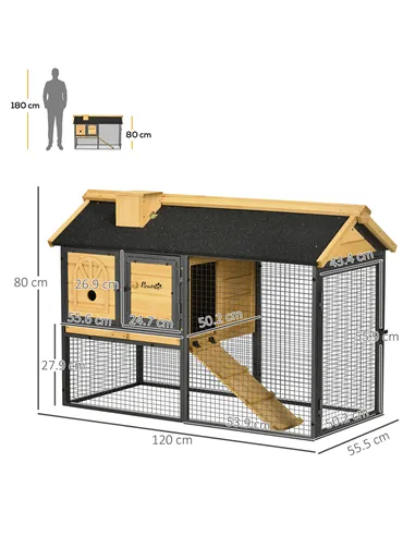 PawHut Outdoor Rabbit Hutch, with Run, Removable Tray, Asphalt Roof, 120 x 55.5 x 80cm