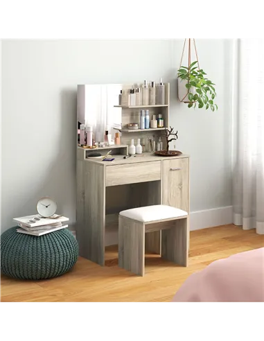 HOMCOM Dressing Table and Stool Set, with Storage - Wood-Effect