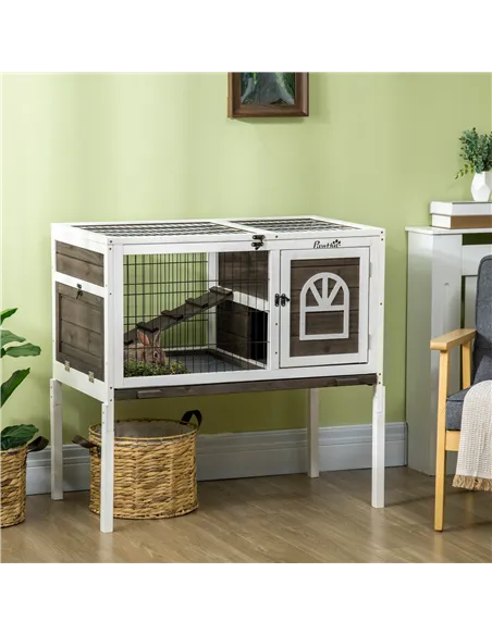 PawHut Wooden Rabbit Hutch, Guinea Pig Cage, with Removable Tray, Openable Roof