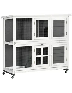 PawHut Wooden Rabbit Hutch, Two-Tier Guinea Pig Cage, with Removable Tray, Wheels