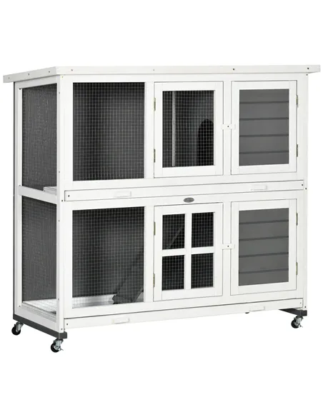 PawHut Wooden Rabbit Hutch, Two-Tier Guinea Pig Cage, with Removable Tray, Wheels