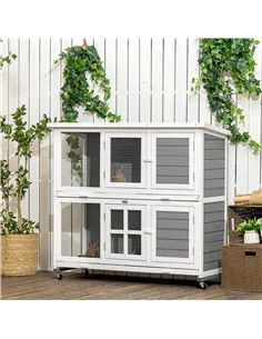 PawHut Wooden Rabbit Hutch, Two-Tier Guinea Pig Cage, with Removable Tray, Wheels 2