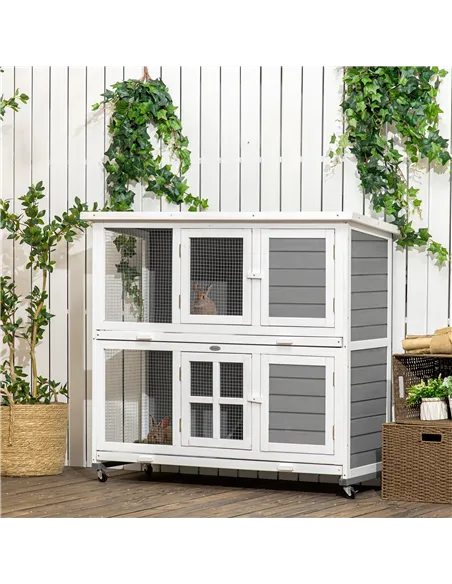 PawHut Wooden Rabbit Hutch, Two-Tier Guinea Pig Cage, with Removable Tray, Wheels