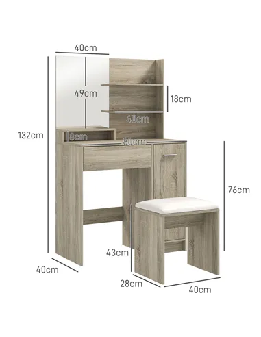 HOMCOM Dressing Table and Stool Set, with Storage - Wood-Effect