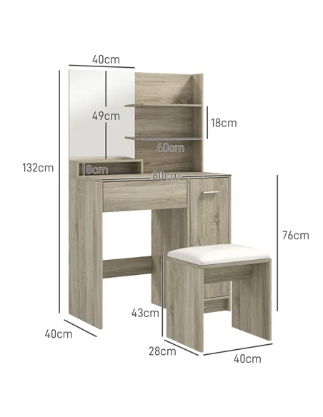 HOMCOM Dressing Table and Stool Set, with Storage - Wood-Effect