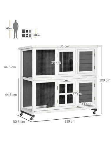 PawHut Wooden Rabbit Hutch, Two-Tier Guinea Pig Cage, with Removable Tray, Wheels