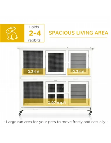 PawHut Wooden Rabbit Hutch, Two-Tier Guinea Pig Cage, with Removable Tray, Wheels