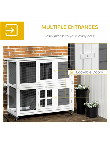 PawHut Wooden Rabbit Hutch, Two-Tier Guinea Pig Cage, with Removable Tray, Wheels