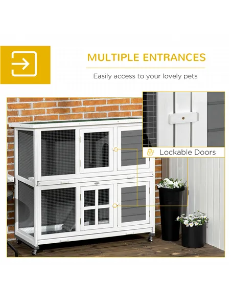PawHut Wooden Rabbit Hutch, Two-Tier Guinea Pig Cage, with Removable Tray, Wheels