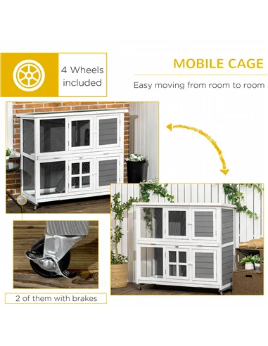 PawHut Wooden Rabbit Hutch, Two-Tier Guinea Pig Cage, with Removable Tray, Wheels