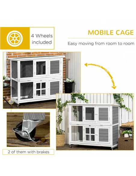 PawHut Wooden Rabbit Hutch, Two-Tier Guinea Pig Cage, with Removable Tray, Wheels