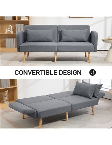HOMCOM Two-Seater Click-Clack Sofa Bed, with Pillows - Grey
